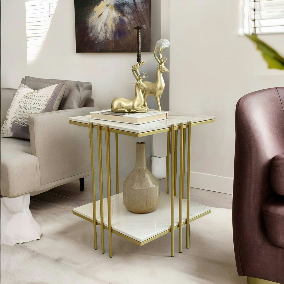 image 1 of 2 Tier Square Faux Marble Side Table Gold Gold