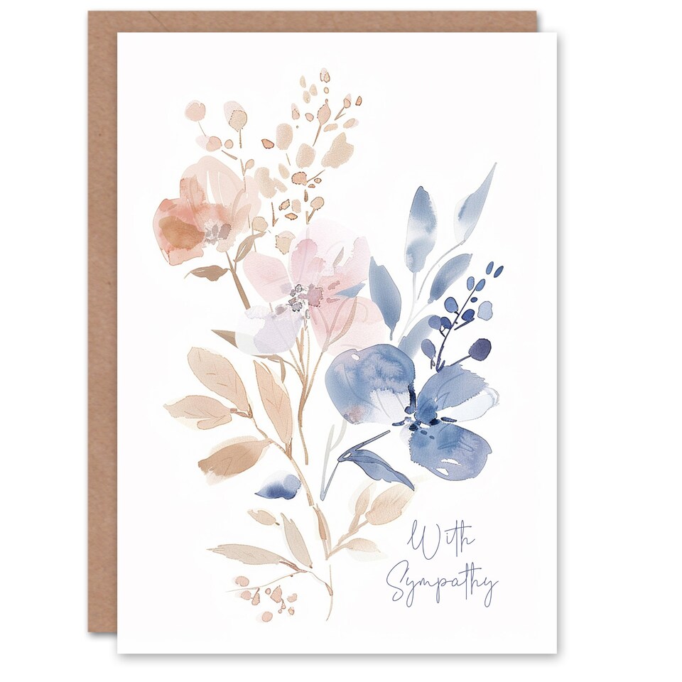 image 1 of Elegant Pink Tan Blue Flower Bouquet Watercolour Sympathy Card