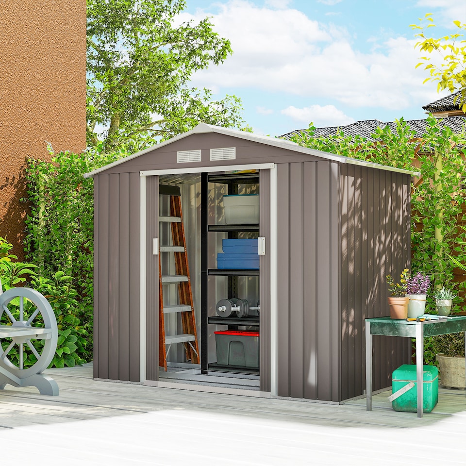 image 1 of Outsunny 7 x 4ft Metal Garden Shed, Outdoor Storage Tool House with Ventilation Slots, Foundation Kit and Lockable Double Doors, Grey