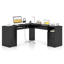 COSTWAY 168 CM L-shaped Computer Desk w/Power Outlets Black Black