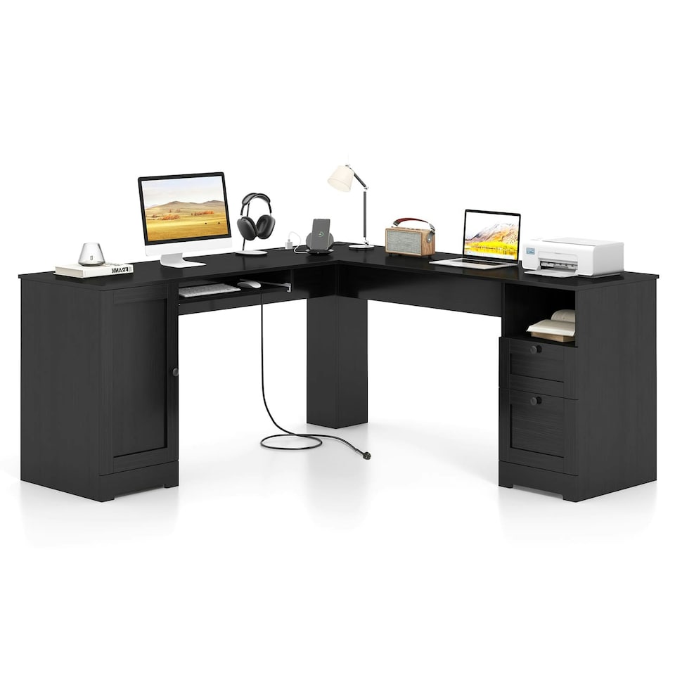image 1 of COSTWAY 168 CM L-shaped Computer Desk w/Power Outlets Black Black