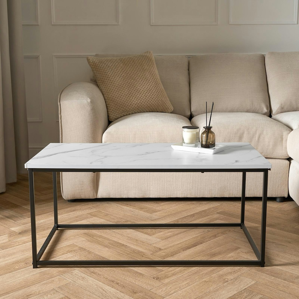 image 1 of OHS Marble Top Metal Framed Home Living Room Modern Coffee Table - White