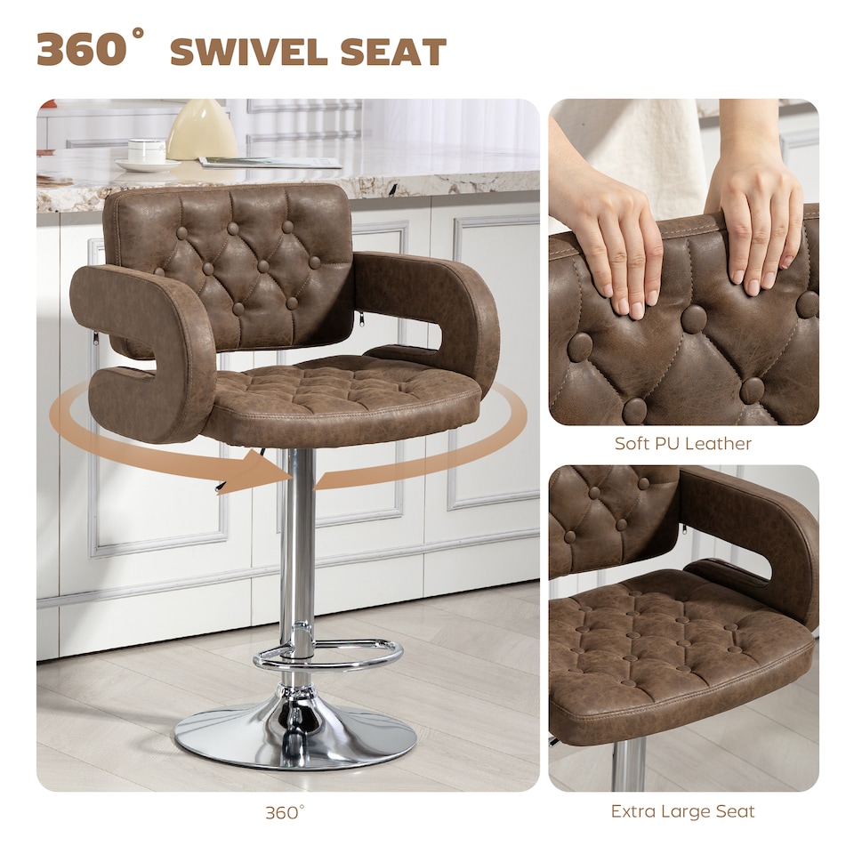image 1 of HOMCOM Swivel Bar Stool with Extra Large Seat, PU Leather Upholstered Adjustable Barstool with Back, Arm and Footrest, Breakfast Bar Chair for Bistro, Kitchen, Coffee | Brown | Coffee