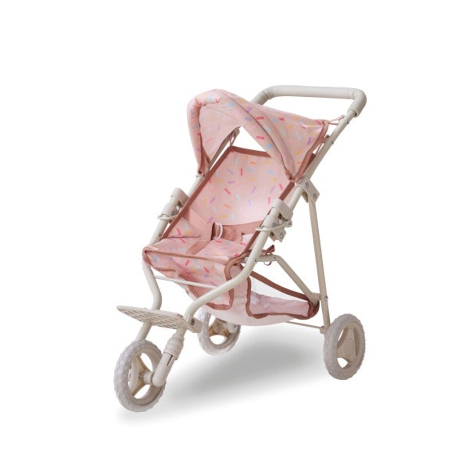 image 1 of Teamson Kids Jogging Doll Stroller in Beige with Confetti Pattern, Adjustable Canopy, Soft Grip, Harness & Storage Basket