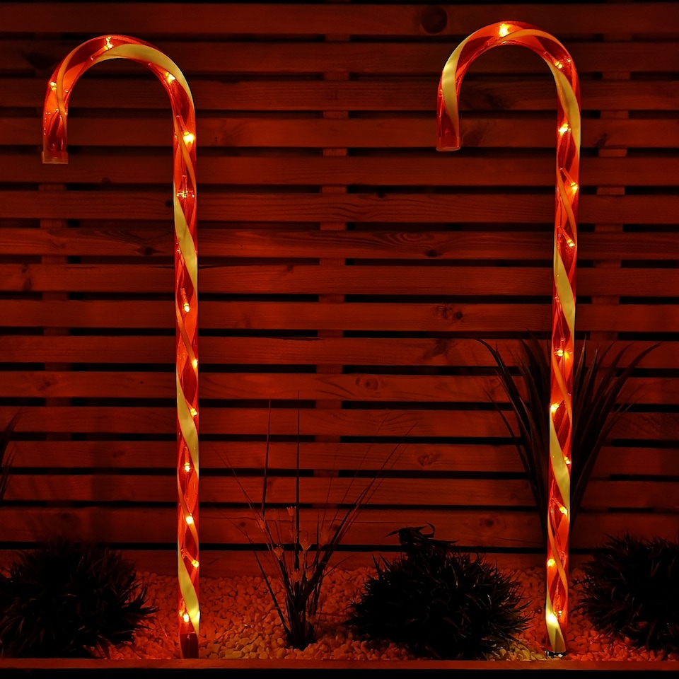 image 1 of Set of 4 XL Light up Red & White Stripe Christmas Candy Cane Garden Stakes with LEDs