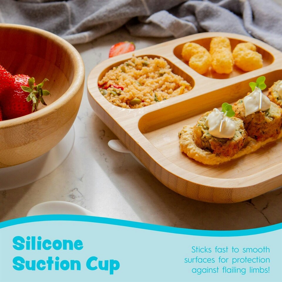image 1 of Tiny Dining Bamboo Segmented Baby Weaning Plate & Fork Set - Green