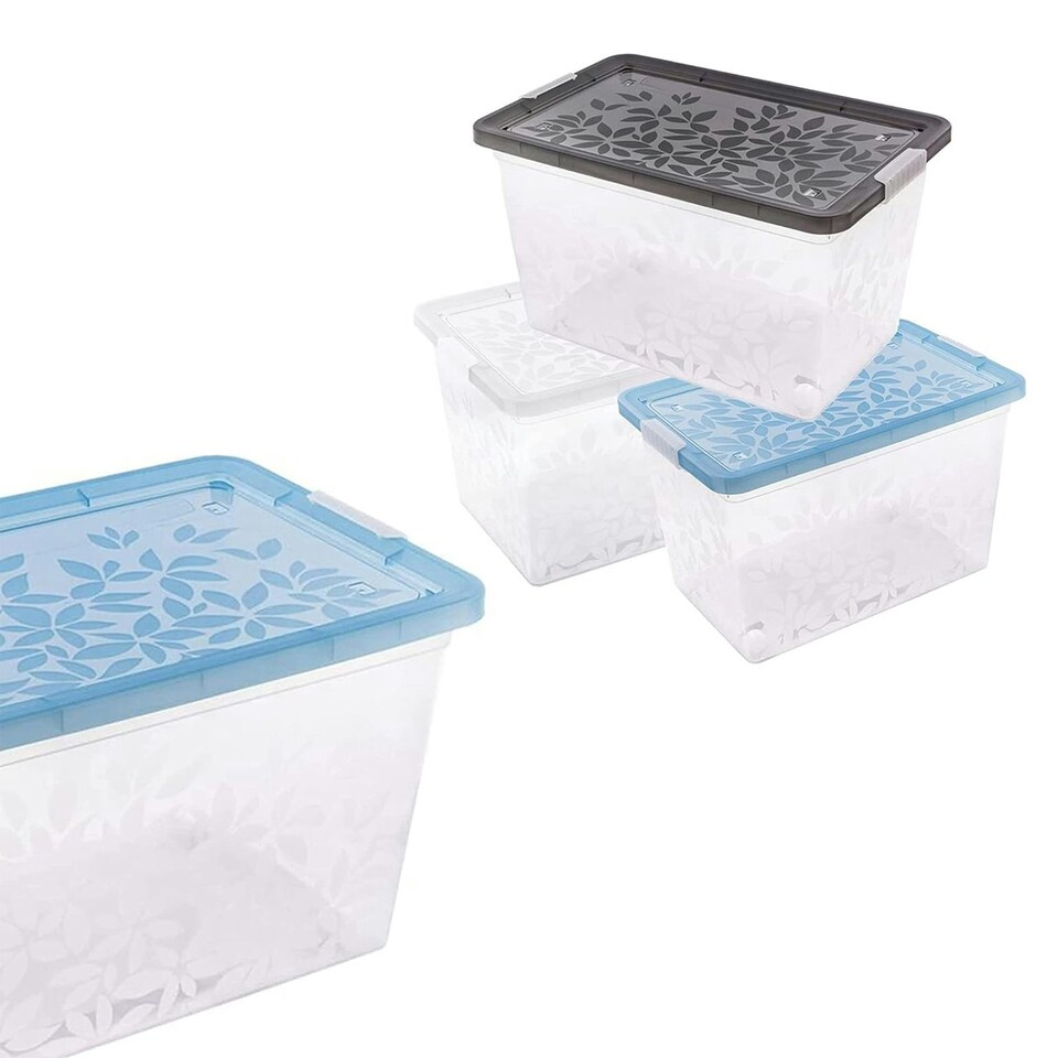 image 1 of 22L Set Of 3 Strong Elegant Jasmine Leaves Storage Containers With Lids Ideal For Wardrobe Organisation Clear