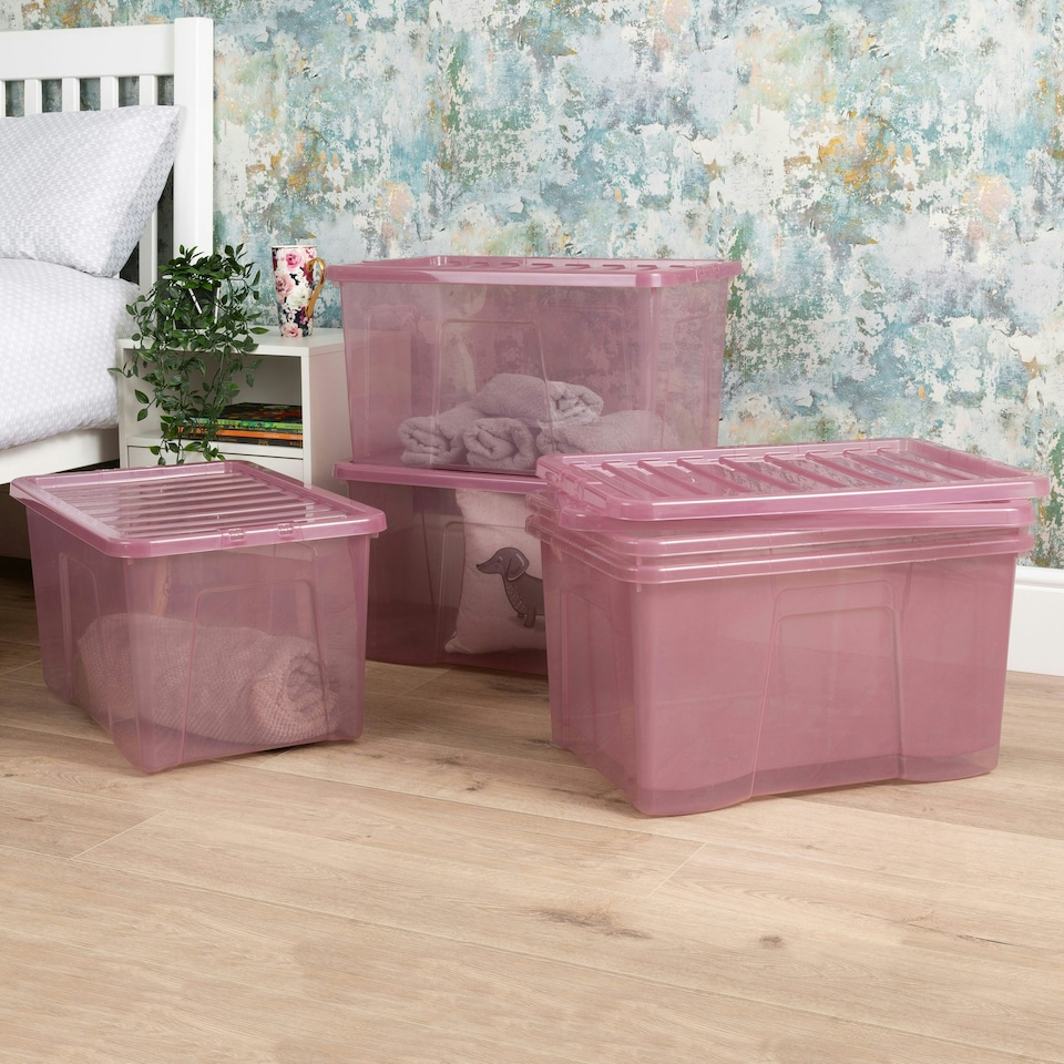 image 1 of Wham Crystal 5 x 60L Stackable Plastic Storage Boxes with Lids Pink