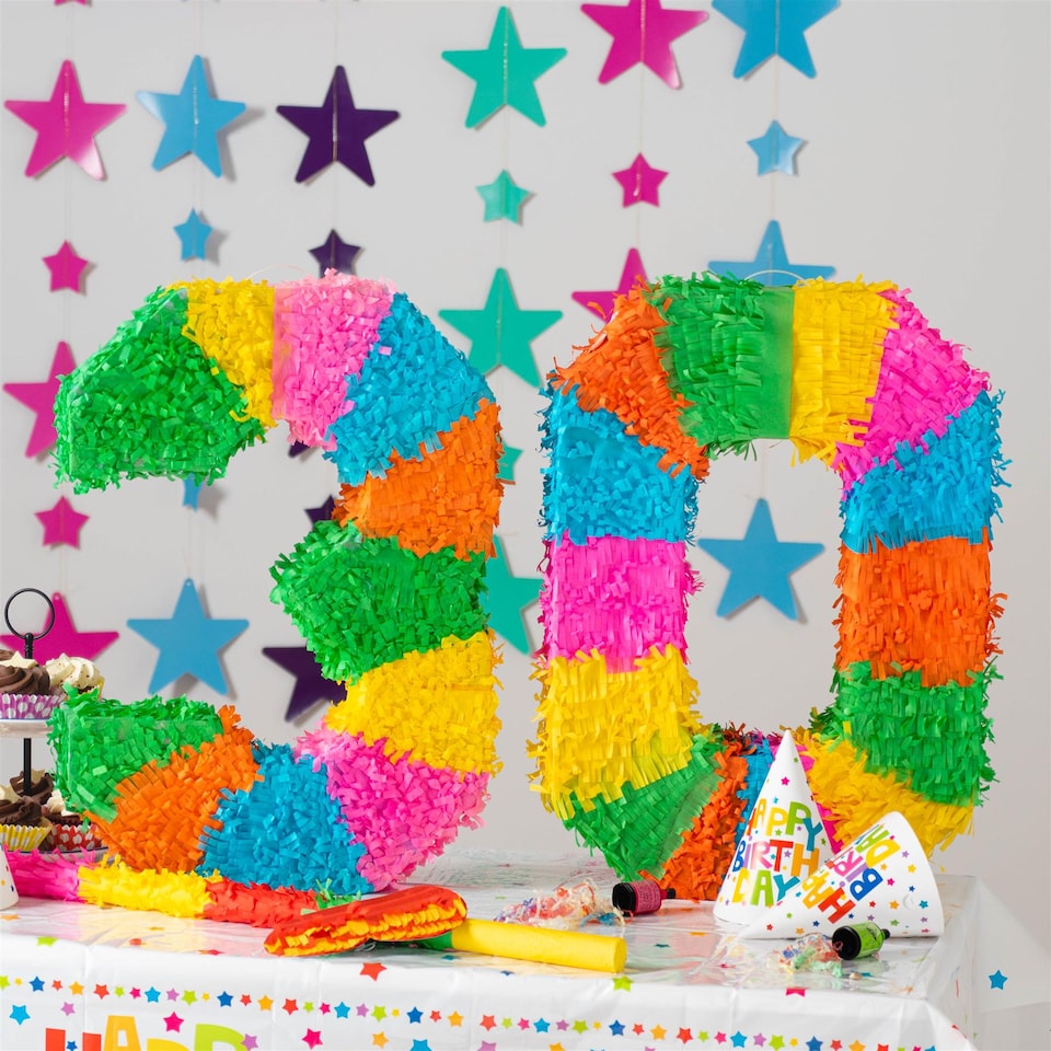 image 1 of Fax Potato Fax Potato Pinata Set with Stick & Blindfold - 30th Birthday / Anniversary - Rainbow