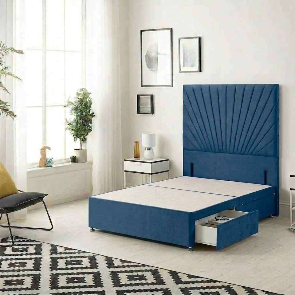 image 1 of Sunburst Divan Bed with 2 Drawers & 54'' Floor Standing Headboard Plush Velvet | Blue | Navy