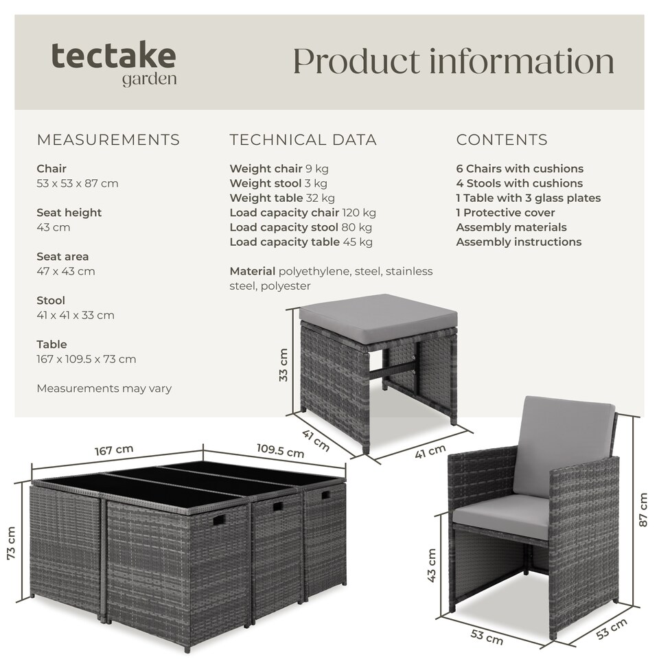 image 1 of Garden Table and Chairs Malaga - 10 seats with cushions, dining table, rain cover | Grey | grey | 53 x 53 x 87 cm | 1