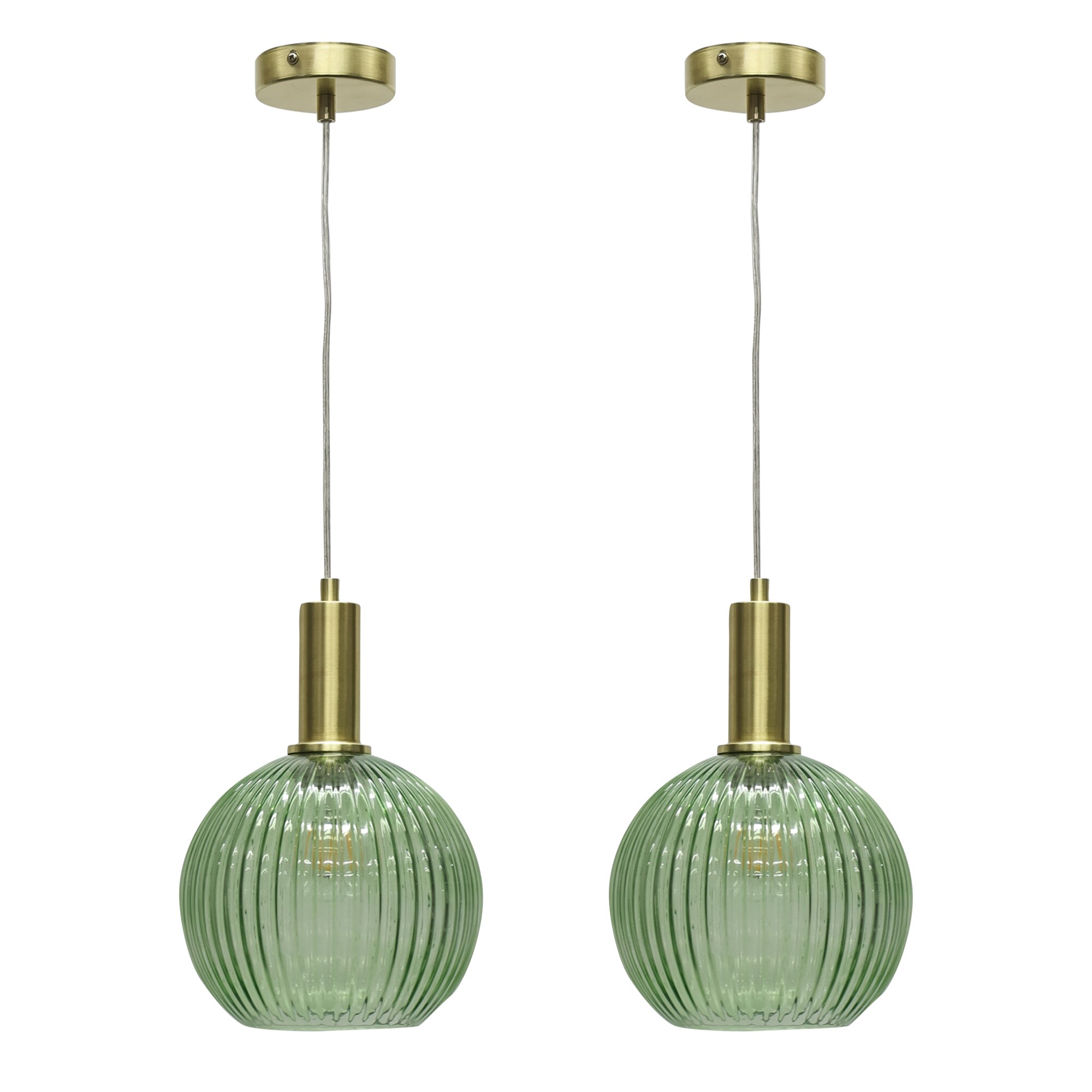 Set of 2 Betchley - Green Ribbed Glass Globe Satin Brass Deco Pendants
