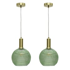 Set of 2 Betchley - Green Ribbed Glass Globe Satin Brass Deco Pendants