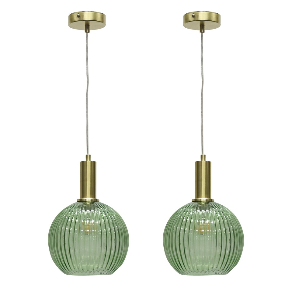image 1 of Set of 2 Betchley - Green Ribbed Glass Globe Satin Brass Deco Pendants