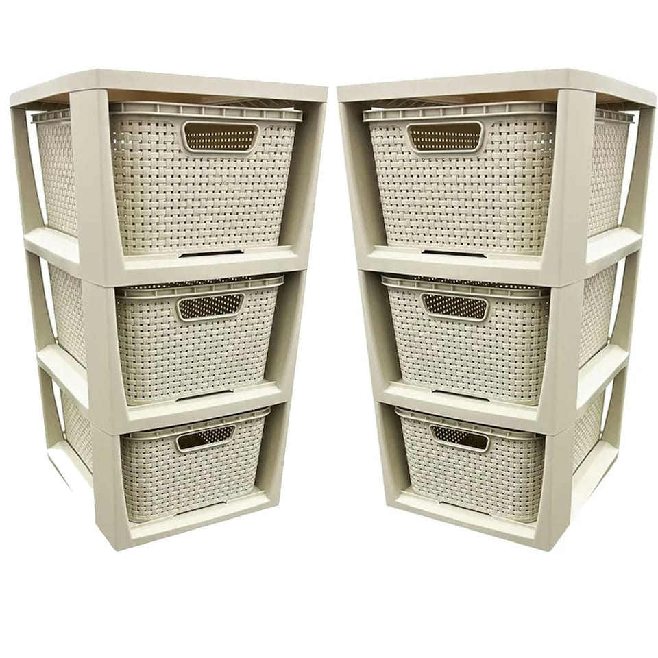 image 1 of 3 Drawer Large Spacious Rattan Effect Cream Home Office Modular Storage Tower Unit Cream