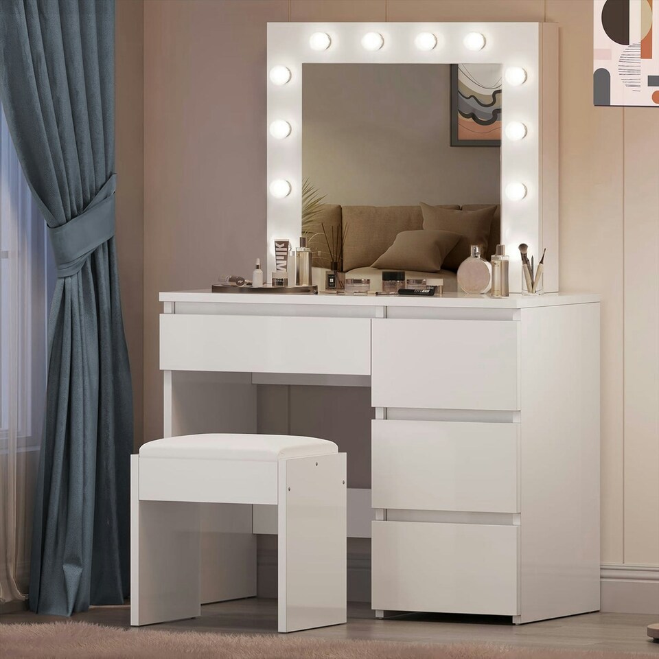 image 1 of White Dressing Table Hollywood LED Mirror Makeup Desk Vanity Table Bedroom Furniture White