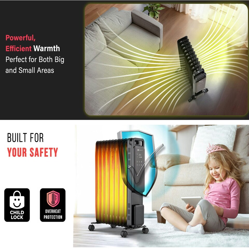 image 1 of PureMate 2500W 11-Fin Oil Filled Radiator | Portable Heater with Digital Thermostat, 24Hr Timer & Eco Mode
