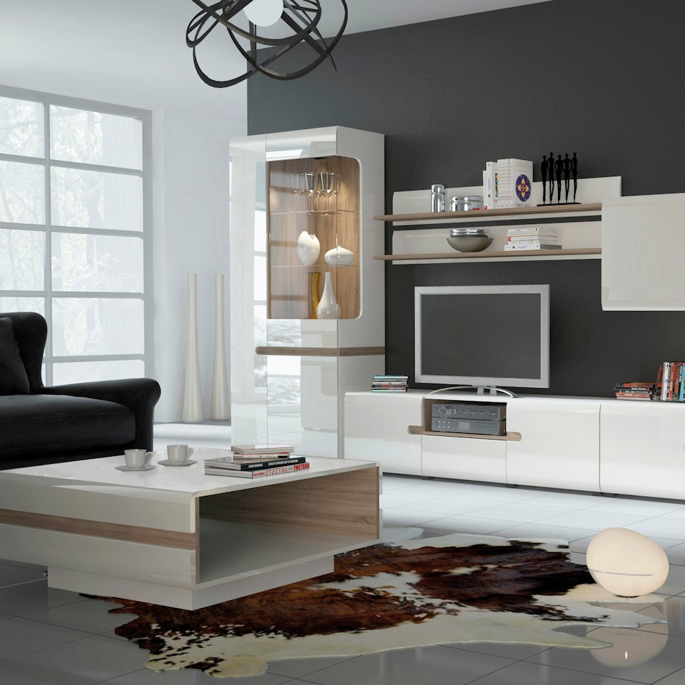 image 1 of Chelsea Living Tall Glazed Narrow Display Unit (LHD) in White with a Truffle Oak Trim