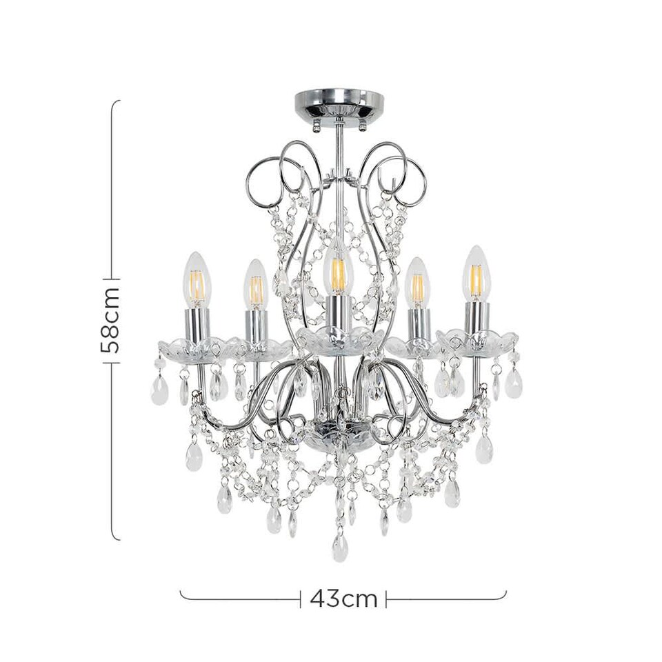 image 1 of ValueLights 5 Way Silver Chrome Ceiling Light Chandelier With Lead Crystal Droplets | Chrome