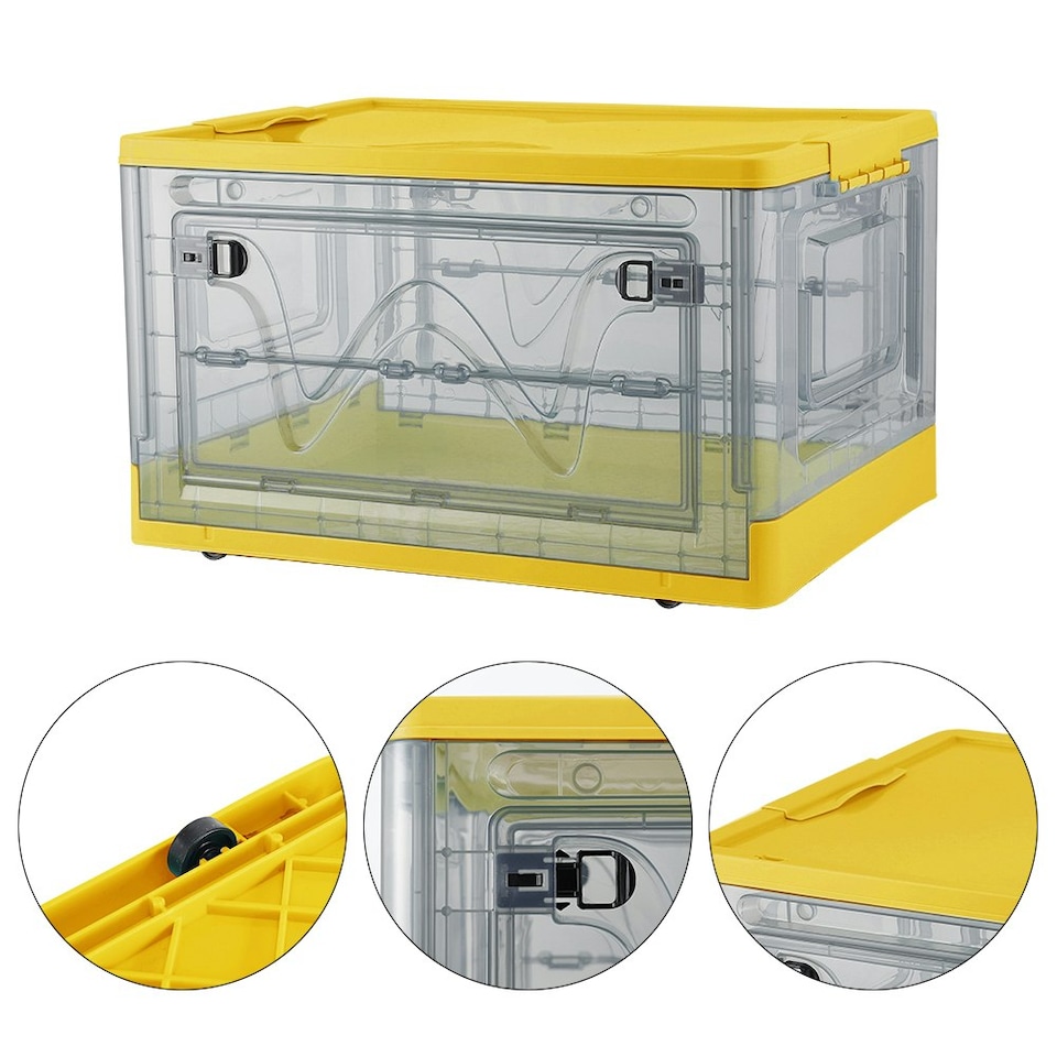 image 1 of Living and Home Transparent Folding Storage Box with Wheels, Yellow Yellow