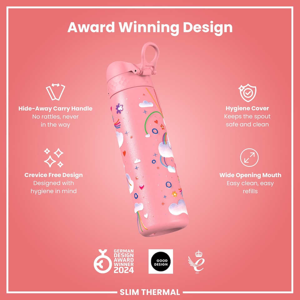image 1 of Leak Proof Slim Water Bottle, Vacuum Insulated, 500ml (17oz) | Pink | Unicorn Rainbows | One Size