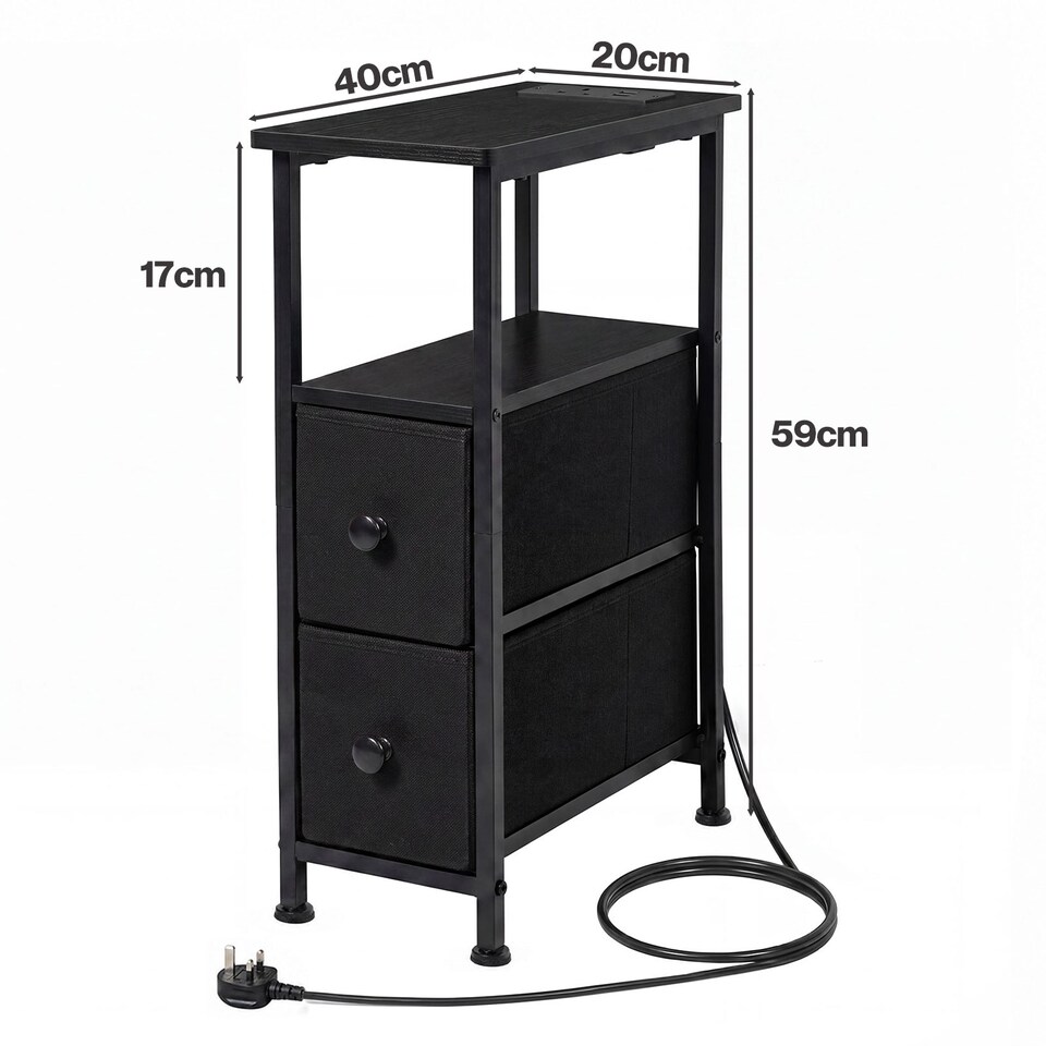 image 1 of Levede Bedside Table Narrow Side Table with LED Charging Station Storage Black