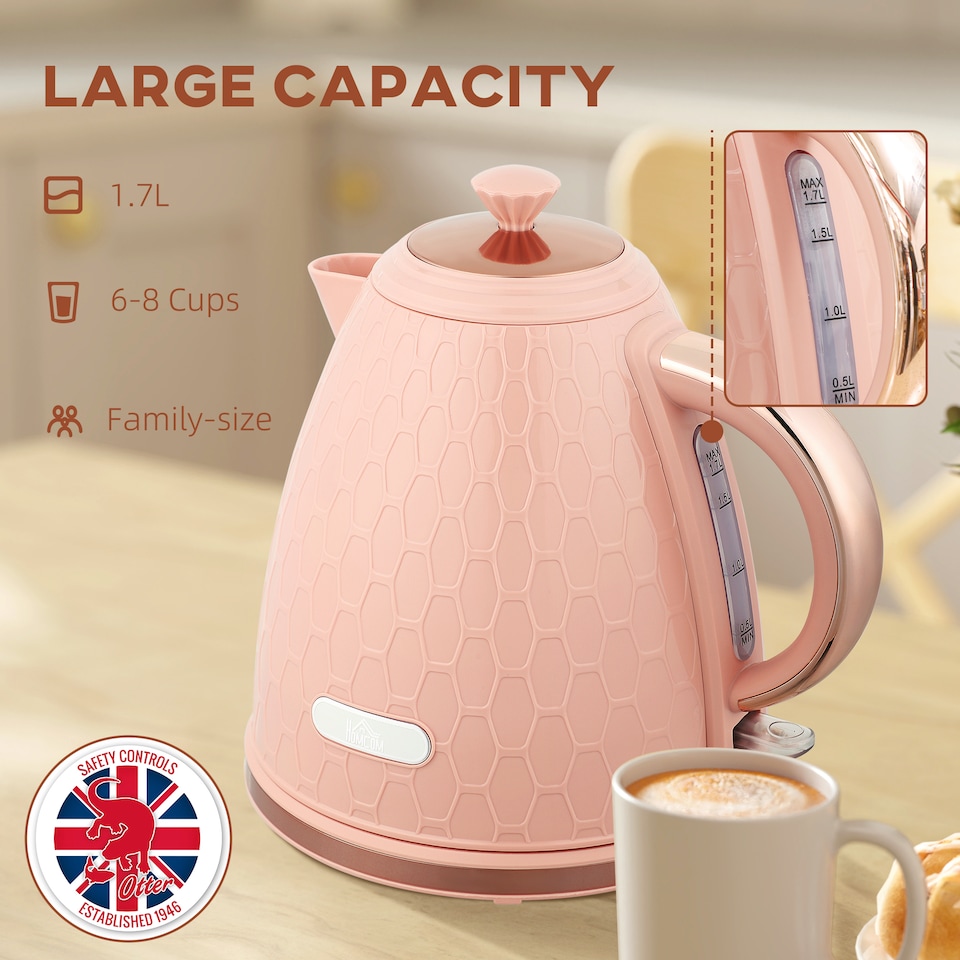 image 1 of HOMCOM Electric Kettle, 1.7L, Fast Boil, 3kW Cordless Water Kettle with Removable Washable Anti-scale Filter, Auto Shut-off, 360degree Swivel, UK Otter Thermostat, BPA Free, Light Pink