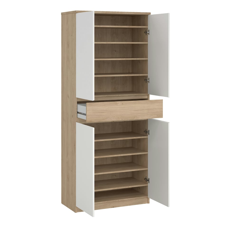 image 1 of Naia Shoe Cabinet with 4 Doors 1 Drawer in Jackson Hickory Oak and White
