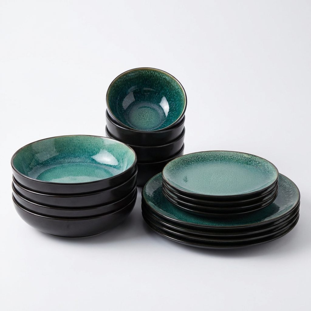 Scandi Home 16 Piece Rivah Green Reactive Glaze Stoneware Tableware Set