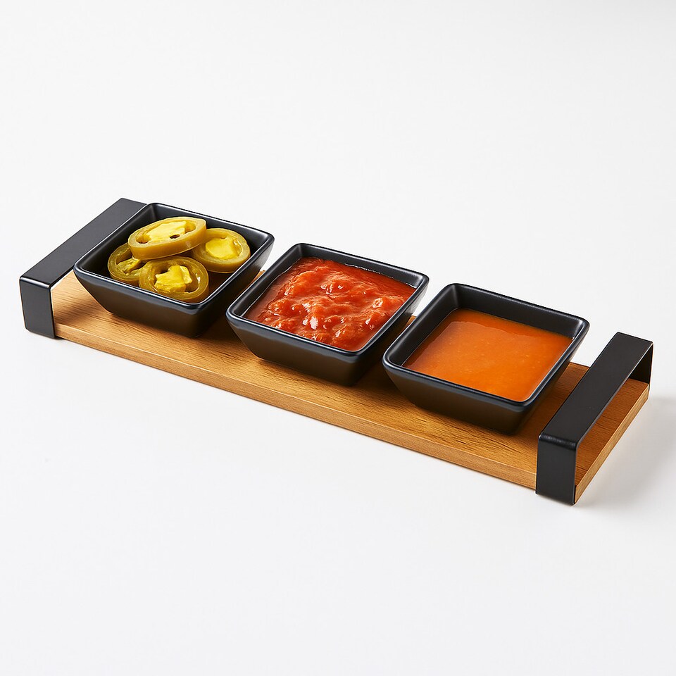 image 1 of 4 Pcs Serving Set Black Ceramic Snack Dips Tapas Bowls Dishes Acacia Wood Board
