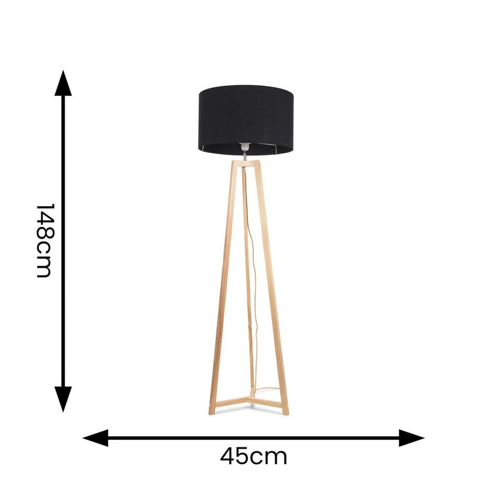image 1 of ValueLights Lottie Natural Wood Tripod Floor Lamp Black Shade and Bulb