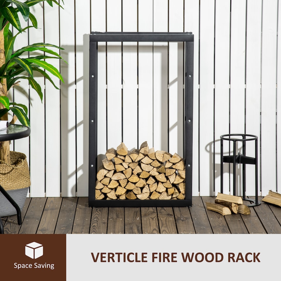 image 1 of HOMCOM Metal Firewood Log Holder Tall Firewood Rack Indoor Outdoor Fireplace Wood Storage Shelf with Side Rails, Rust-Resistant, Black, 60W x 25D x 100H cm