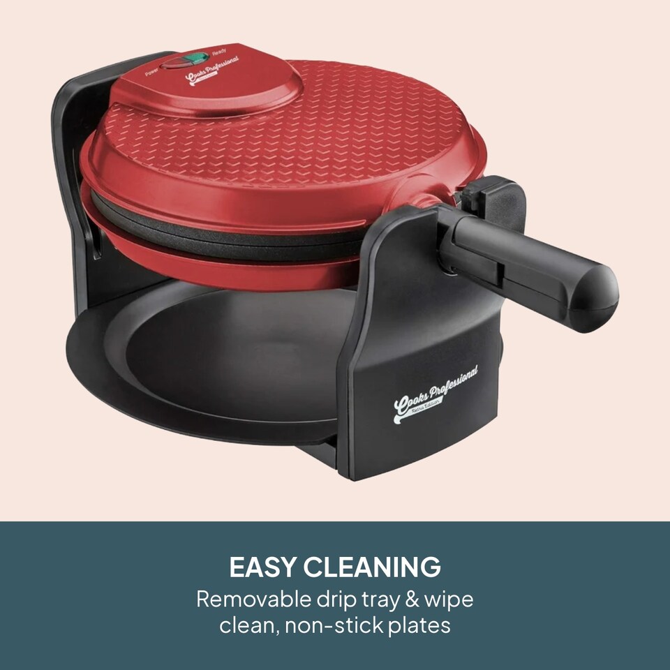 image 1 of Cooks Professional Rotary Belgian Waffle Maker Machine with Non-Stick Plates & Drip Tray | Red