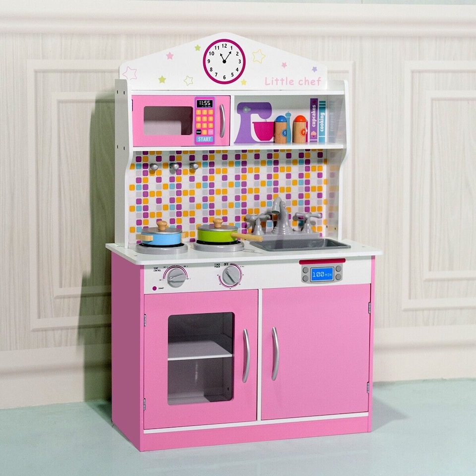 image 1 of COSTWAY Wooden Kids Play Kitchen Children Role Play Pretend Set