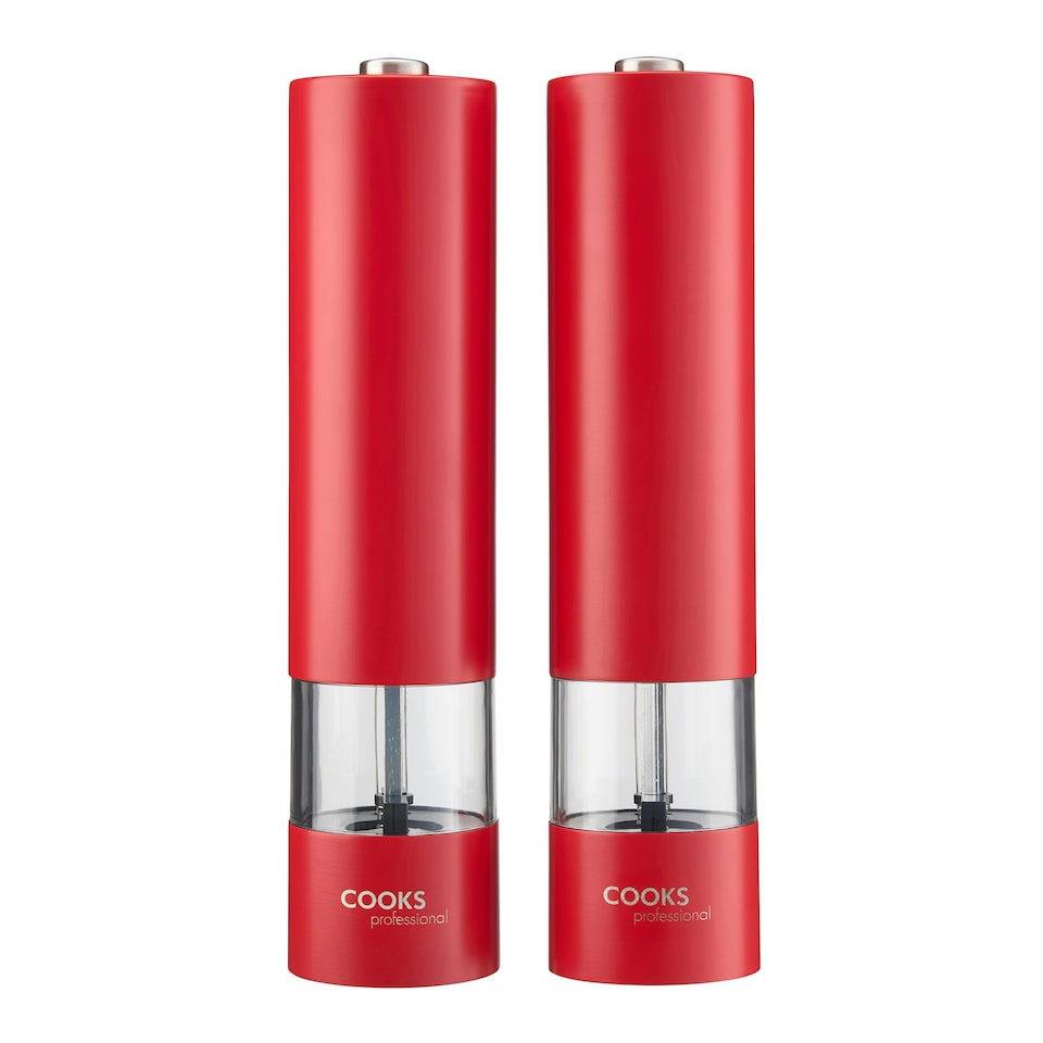 image 1 of Cooks Professional Electric Salt & Pepper Mill Set with Bamboo Base | Adjustable Grind Settings | Simple One-Button Operation | Red
