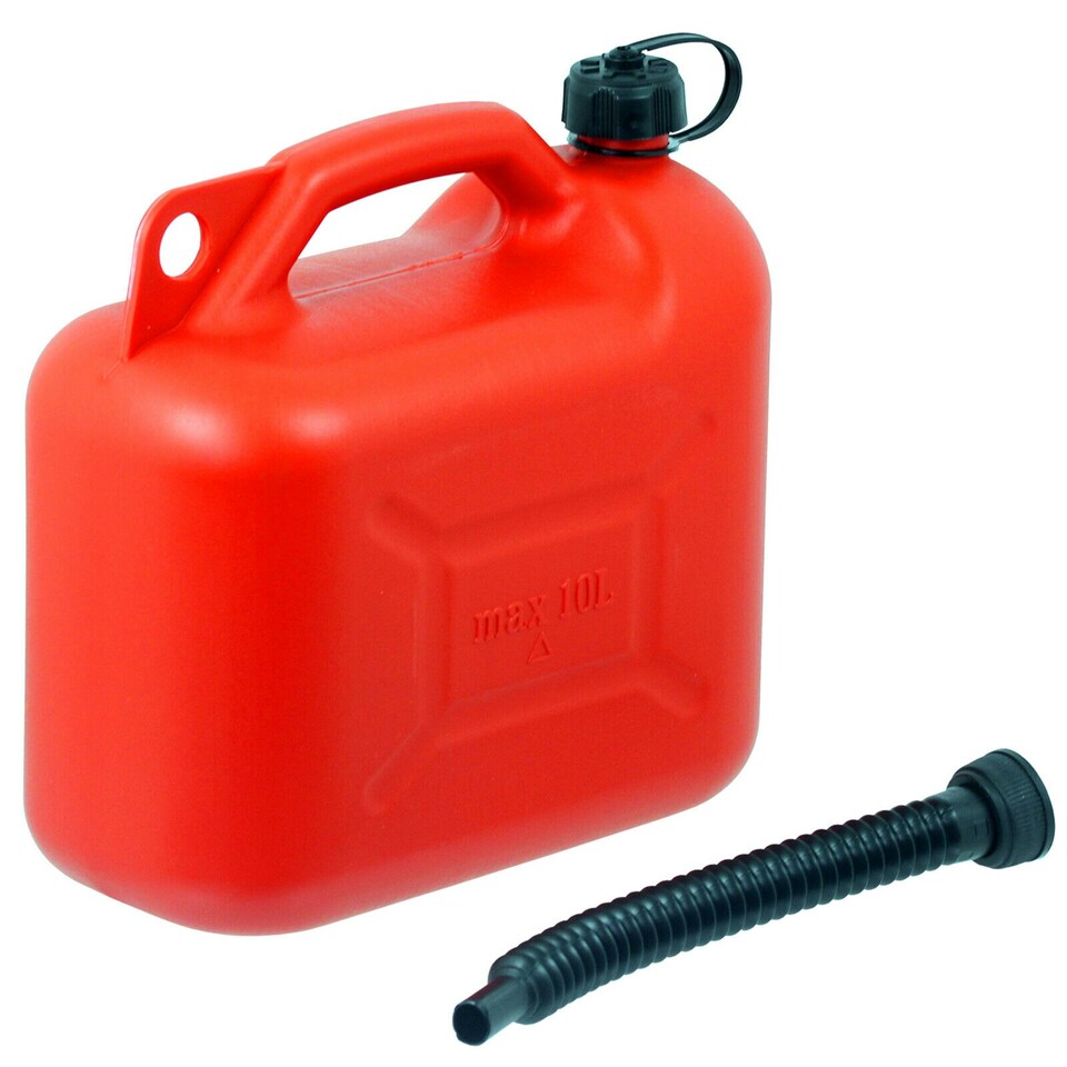 image 1 of SPARES2GO Fuel Can 10L Red Large Plastic Petrol Diesel Jerry Can Canister + Flexible Spout
