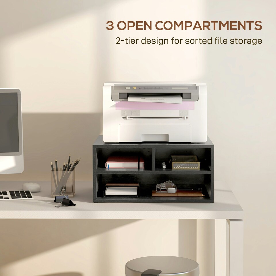 image 1 of HOMCOM Desktop Printer Stand with 3 Open Compartments, Desk Organiser, Black