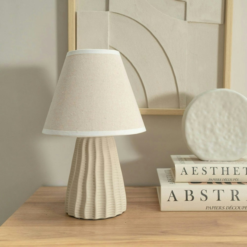 image 1 of ValueLights Saskia Pair of - Natural Ceramic Textured Base Bedside Table Lamp with Linen Tapered Shade
