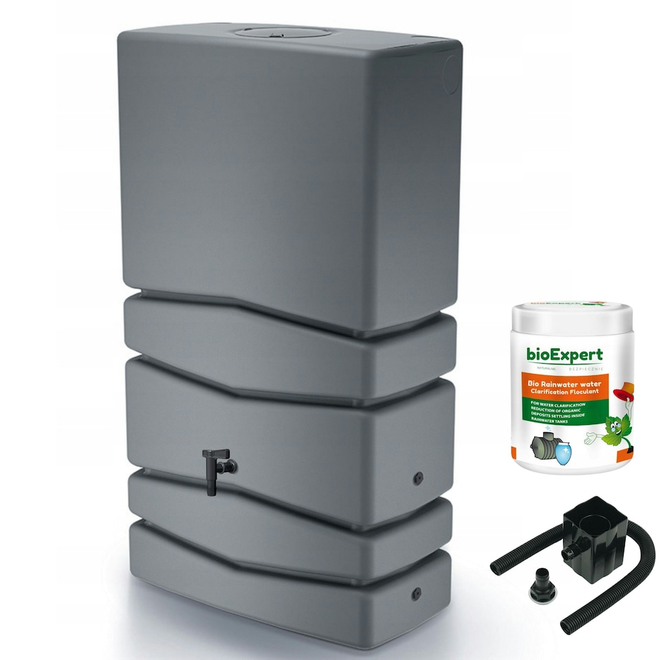 image 1 of Water Butt Kit with Tap, Diverter & Bio Cleaner –  Rainwater Collector for Garden, Balcony & Terrace – Durable Plastic Water Storage Tank | Grey | 350L