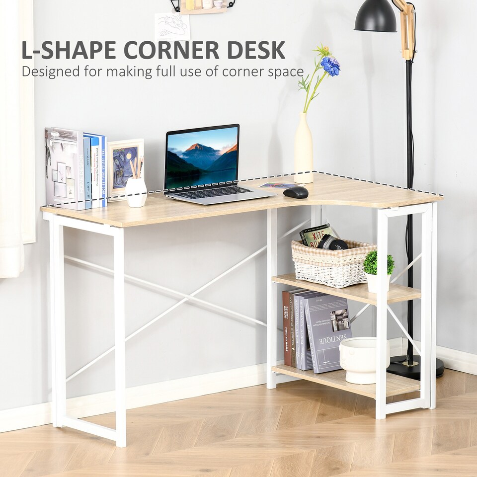 image 1 of HOMCOM Folding Desk, L Shaped Desk, Corner Computer Desk with 2-Tier Storage Shelf for Home Office, Study Room, Workstation, Easy Assembly, 120 x 72.5 x 76.5cm, Oak Tone