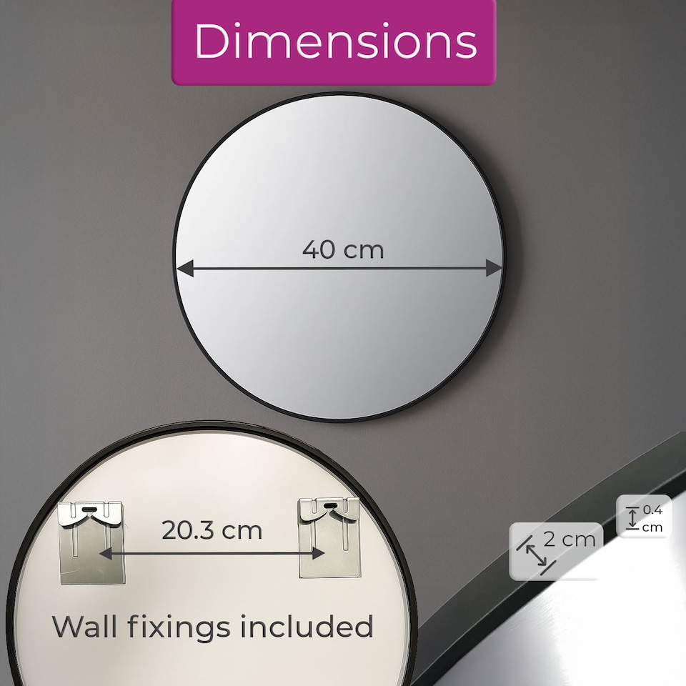 image 1 of Neo 40cm Black Round Metal Frame Wall Mirror Float Glass HD Reflection Anti Rust Moisture Proof Wall Mounted Bathroom Bedroom Hallway Living Room Vanity | Black | Black