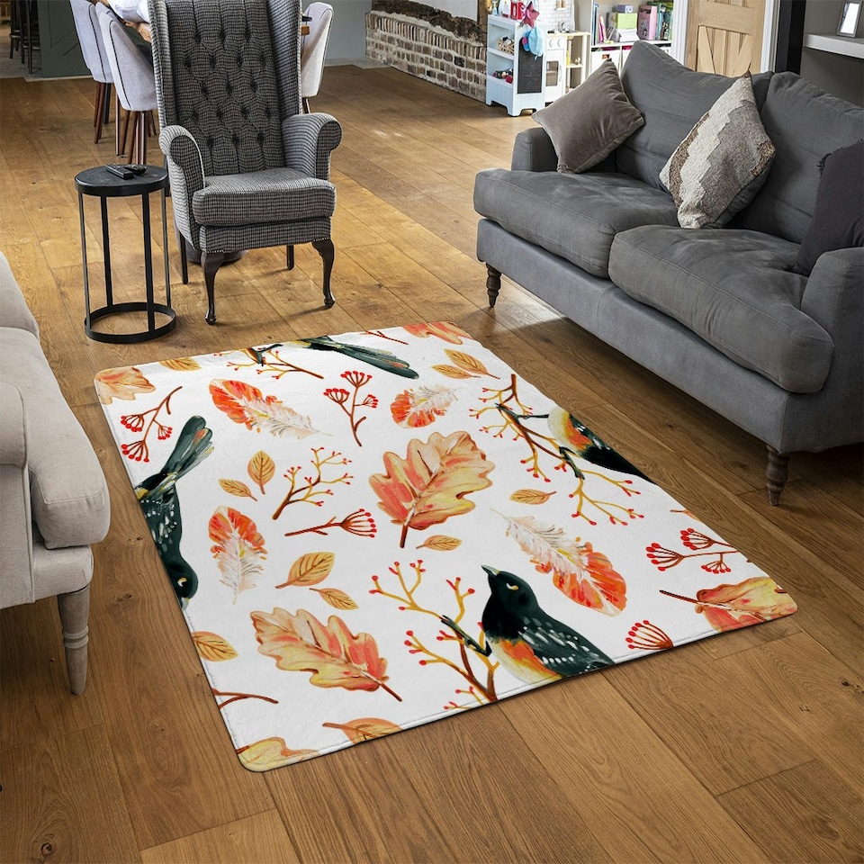 image 1 of Birds & Leaves in Autumn (Rug) Orange | XL: 160x230cm