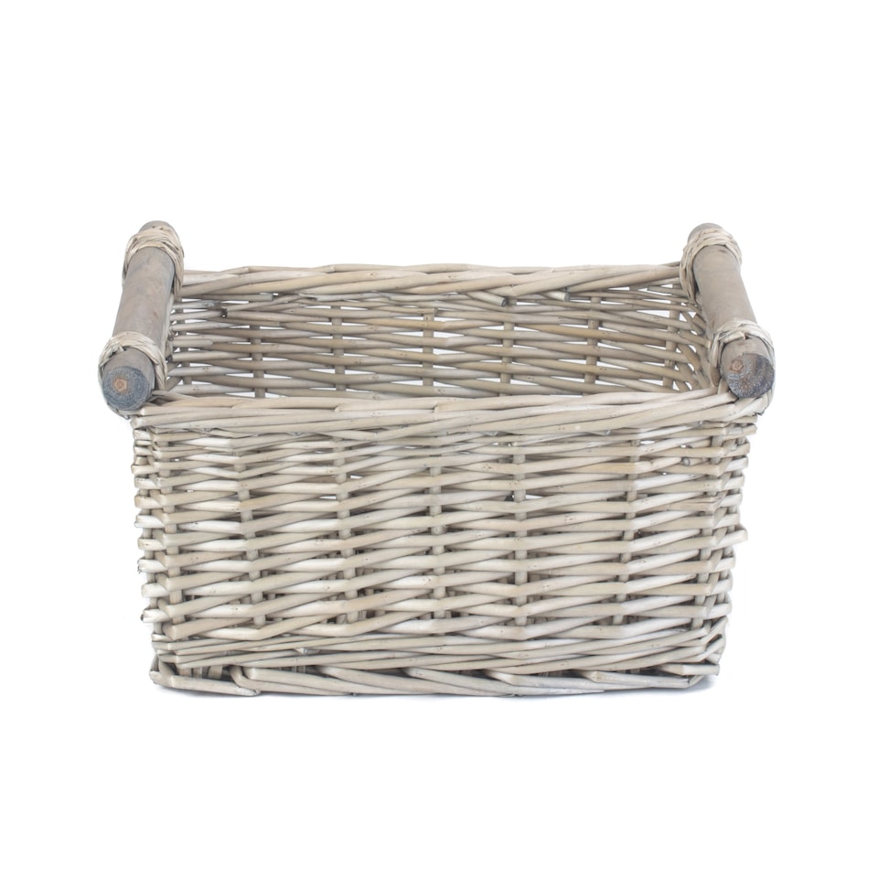 image 1 of Small Grey Wash Wooden Handled Storage Basket | Grey | Grey