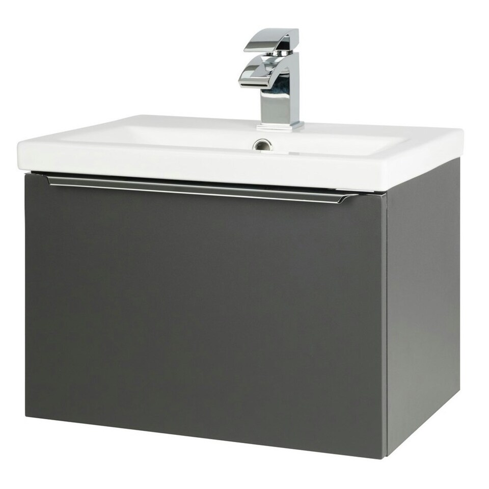 image 1 of 500mm Bathroom Matt Dark Grey Wall Mounted Vanity Unit and Basin (Central) - Brassware Not Included Grey