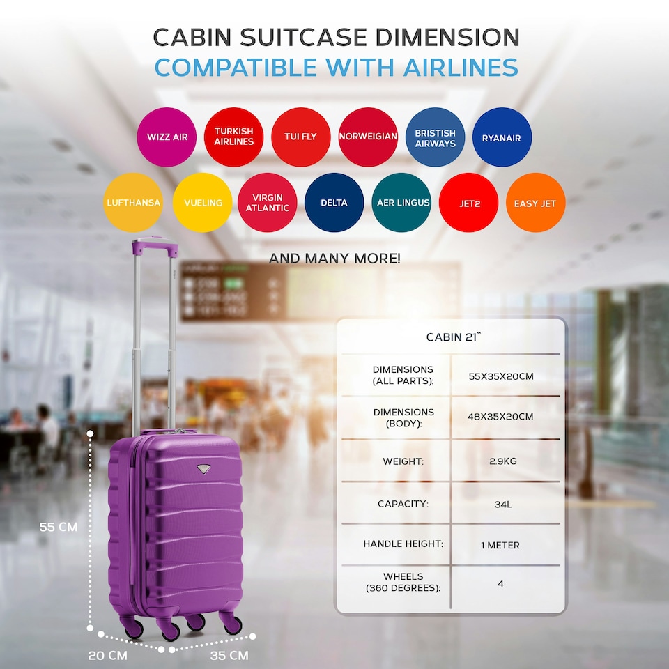 image 1 of 55x35x20cm Carry On Cabin Hard Shell Suitcase - 100+ Airlines Approved Including EasyJet (Paid), British Airways, Ryanair (Priority), TUI Purple | Purple | Cabin Bag