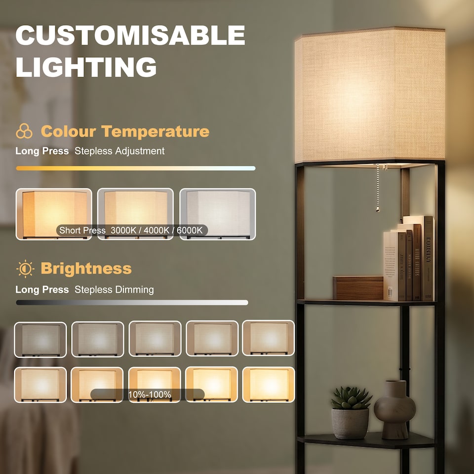 image 1 of HOMCOM Corner Modern Floor Lamp with Shelves for Living Room, Bedroom, Black