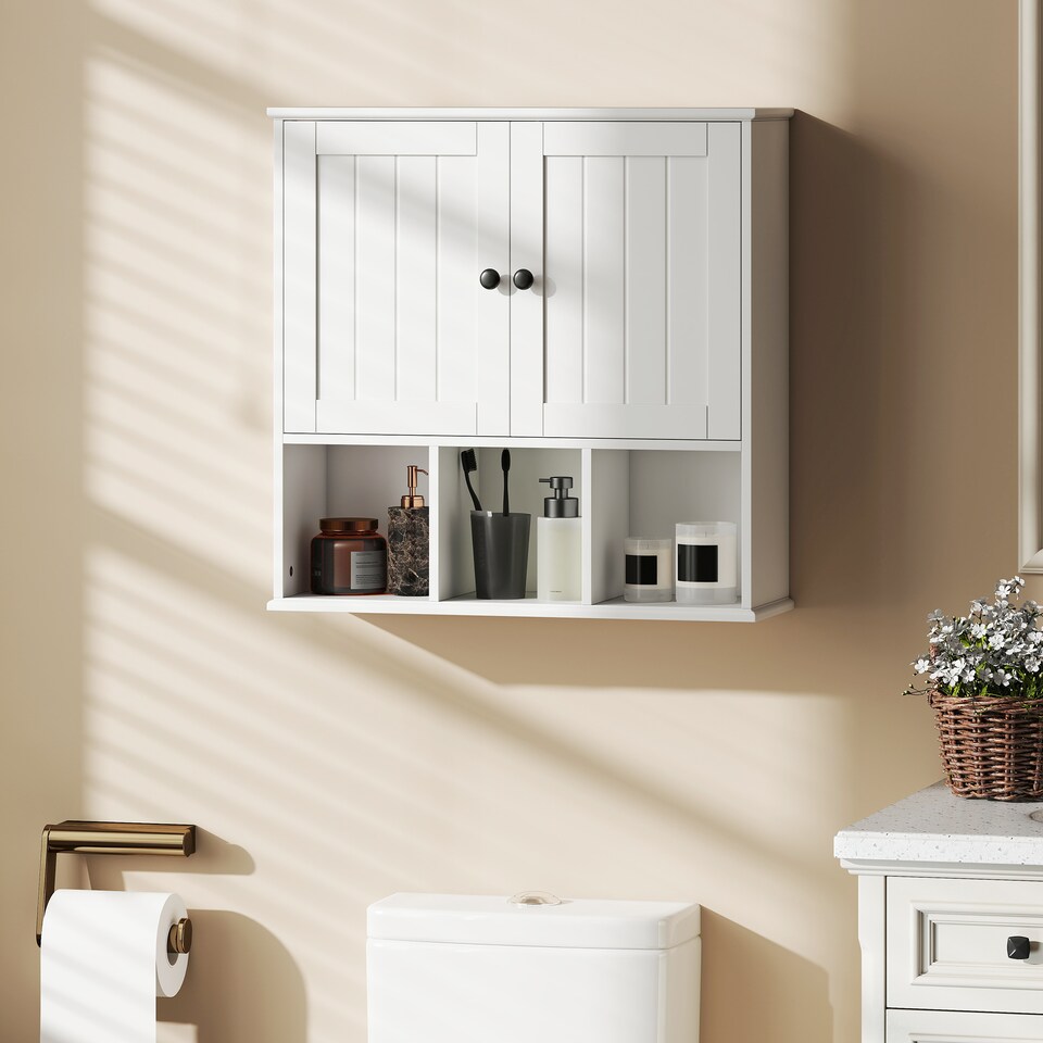 image 1 of HOMCOM Farmhouse Bathroom Wall Cabinet, Wall Mounted Medicine Cabinet with Adjustable Shelf, Open Compartments and 2 Doors, Storage Organiser Over The Toilet, White