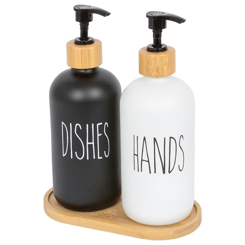 image 1 of Harbour Housewares 2pc Glass Hand & Dish Soap Dispenser Set with Bamboo Tray - 500ml - White/Black