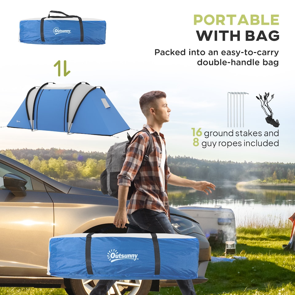 image 1 of Outsunny 2 Bedroom Camping Tent with Living Area, 3000mm Waterproof, Blue