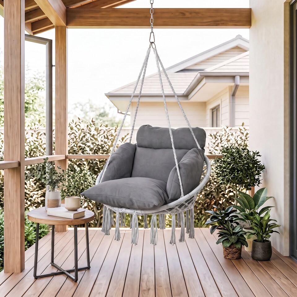 image 1 of Outsunny Hammock Chair, Boho Hanging Swing Chair with Cushion, Dark Grey